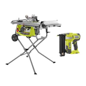 15 Amp 10 in. Expanded Capacity Portable Table Saw w/ Rolling Stand & ONE+ 18V Cordless 18-Gauge Brad Nailer (Tool Only)
