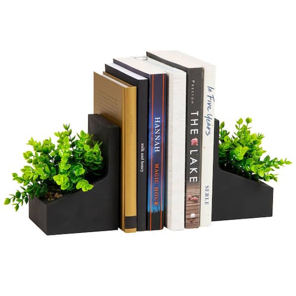 Contemporary Planter Bookends, Book Holders Decorative Desktop, Cement, Set of 2, Black