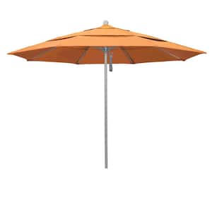 11 ft. Gray Woodgrain Aluminum Commercial Market Patio Umbrella Fiberglass Ribs and Pulley Lift in Tangerine Sunbrella