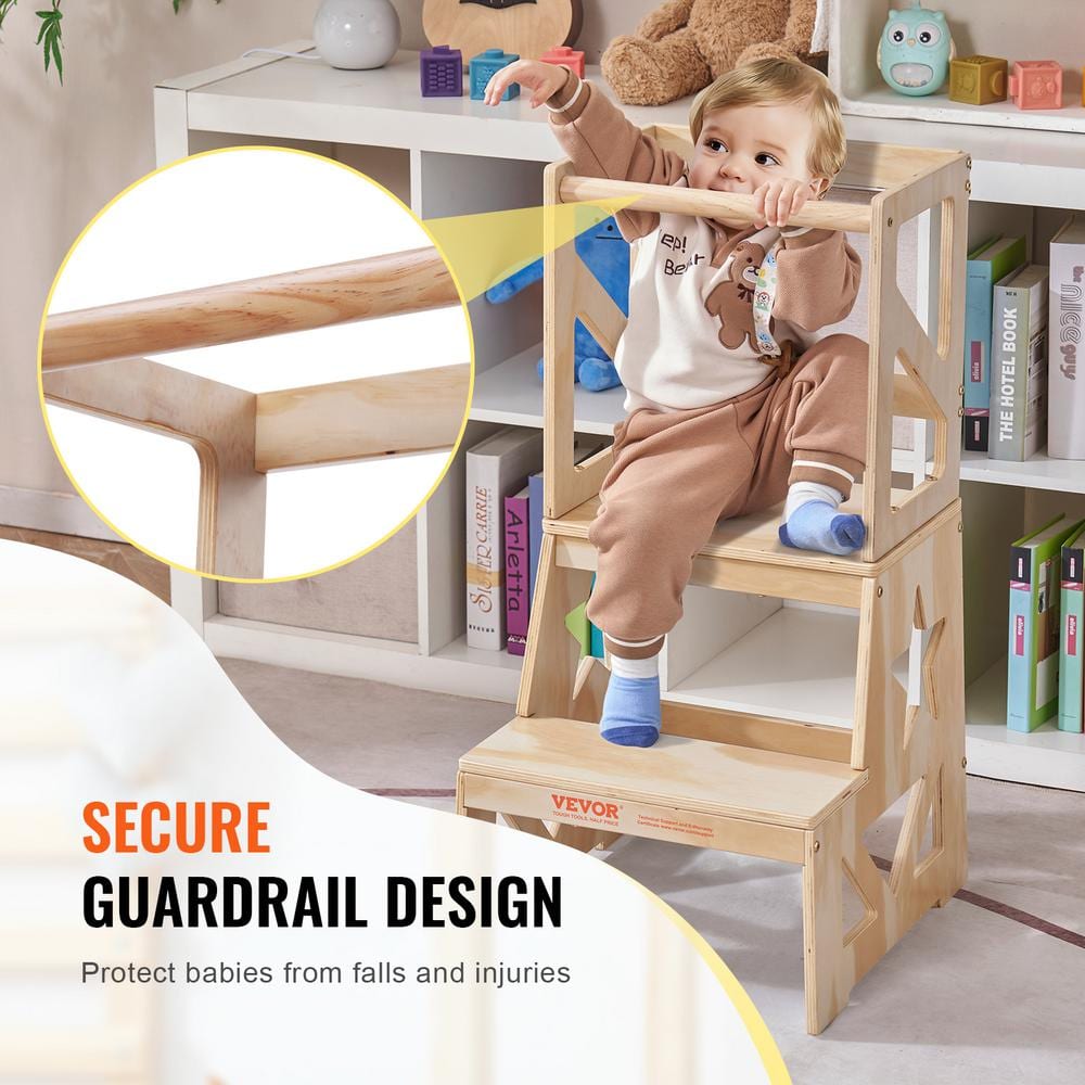 Natural Pine Wood Toddler Step Stool with Safety Rail
