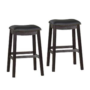 24 in. Black Low Back Wood Frame Barstool with Leatherette Seat (Set of 2)