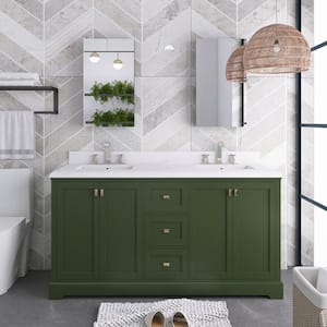 60 in. W x 22 in. D x 41 in. H Double Sink Freestanding Bath Vanity in Green with White Engineered Stone Composite Top