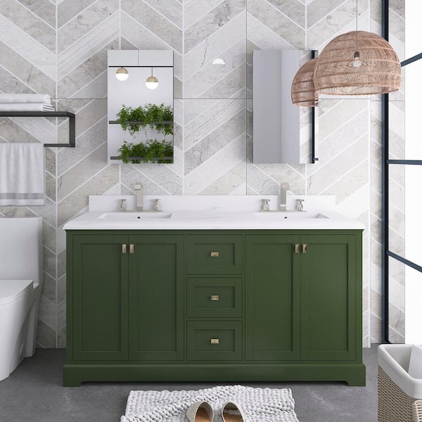 JimsMaison 60 in. W x 22 in. D x 41 in. H Double Sink Freestanding Bath Vanity in Green with White Engineered Stone Composite Top