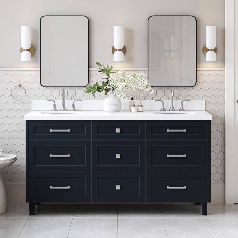 Monroe 66 in. Double Sink Freestanding Bathroom Vanity in Midnight Blue with Pure White Quartz Top price history on PriceWatchPro
