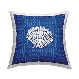 Coastal White Seashell Blue Striped Pattern Blue Square Outdoor Throw Pillow