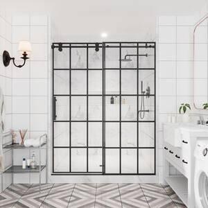 60 in. W x 76 in. H Sliding Frameless Shower Door in Matte Black with Tempering Grid Glass (Left Side Opening）