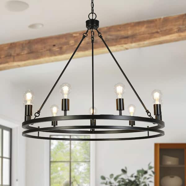 LNC Modern 9-Light Matte Black Island Wagon Wheel Chandelier Industrial Round High Ceiling Light for Kitchen, Living Room