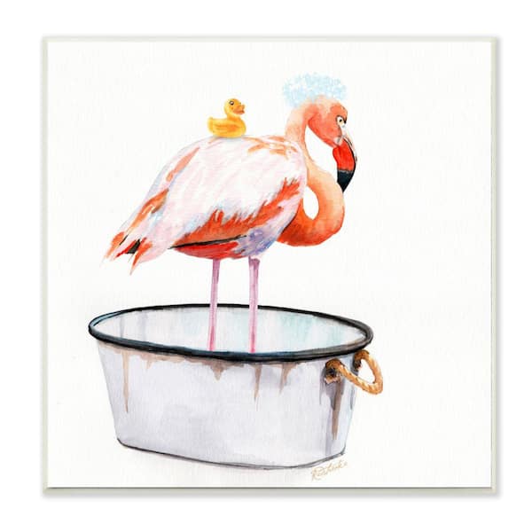 Stupell Industries "Flamingo Bath Time Charming Bubble Detail" by Jennifer Redstreake Unframed Animal Wood Wall Art Print 12 in. x 12 in.