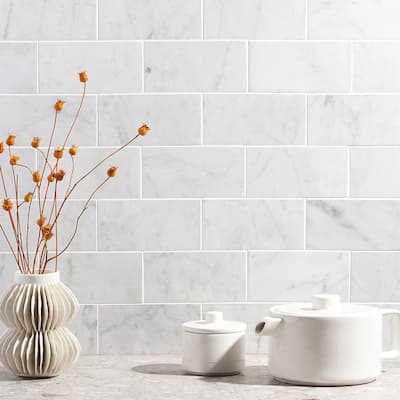 White Carrara 3 in. x 6 in. x 9mm Polished Marble Subway Tile (40 pieces / 5 sq. ft. / box)