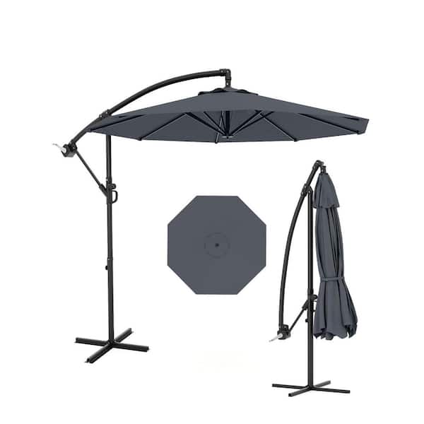 10 ft. Steel Cantilever Offset Patio Umbrella with Crank Lift & Cross Base in Gray