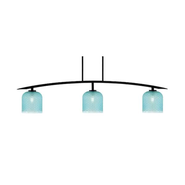 Unbranded Siena 3-Light Matte Black Billiard Light with 7 in. Turquoise Textured Glass Shades No Bulbs Included