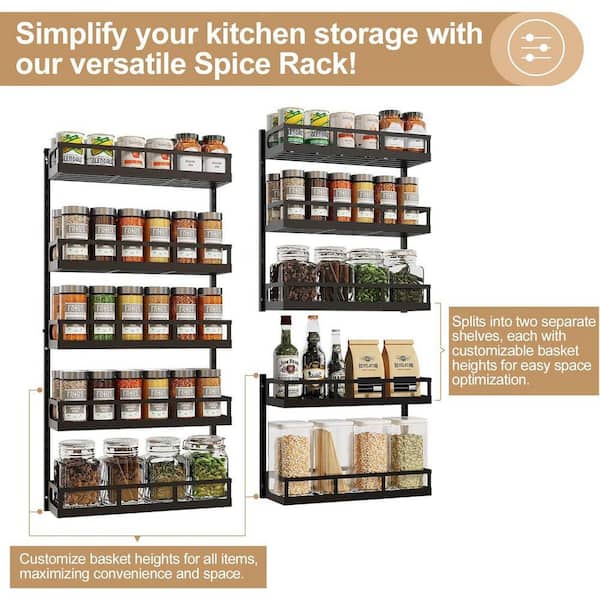 Whatseaso 15.6 in. 5 Tier Metal Wall Mount Spice Rack in Black