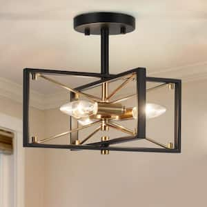 Modern 3-Light Plating Brass Semi-Flush Mount Light, Industrial 13 in. Black Rectangular Ceiling Light for Dining Room