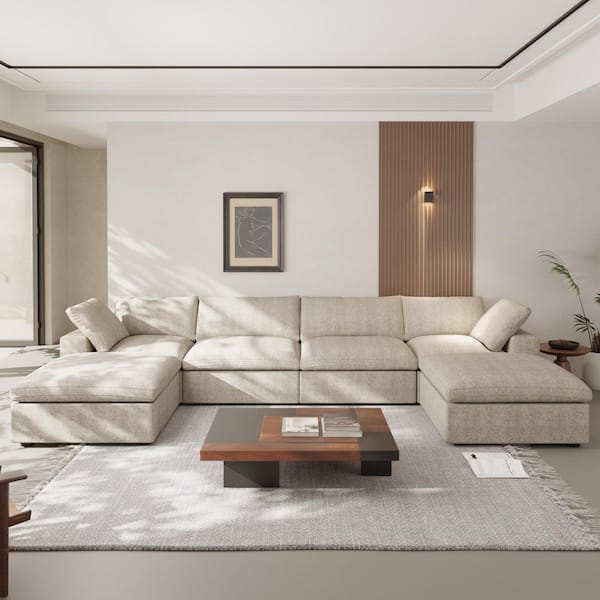 6-Piece Light Brown Linen U Shaped Sectional Sofa Living Room Set with Removable Covers and Ottoman