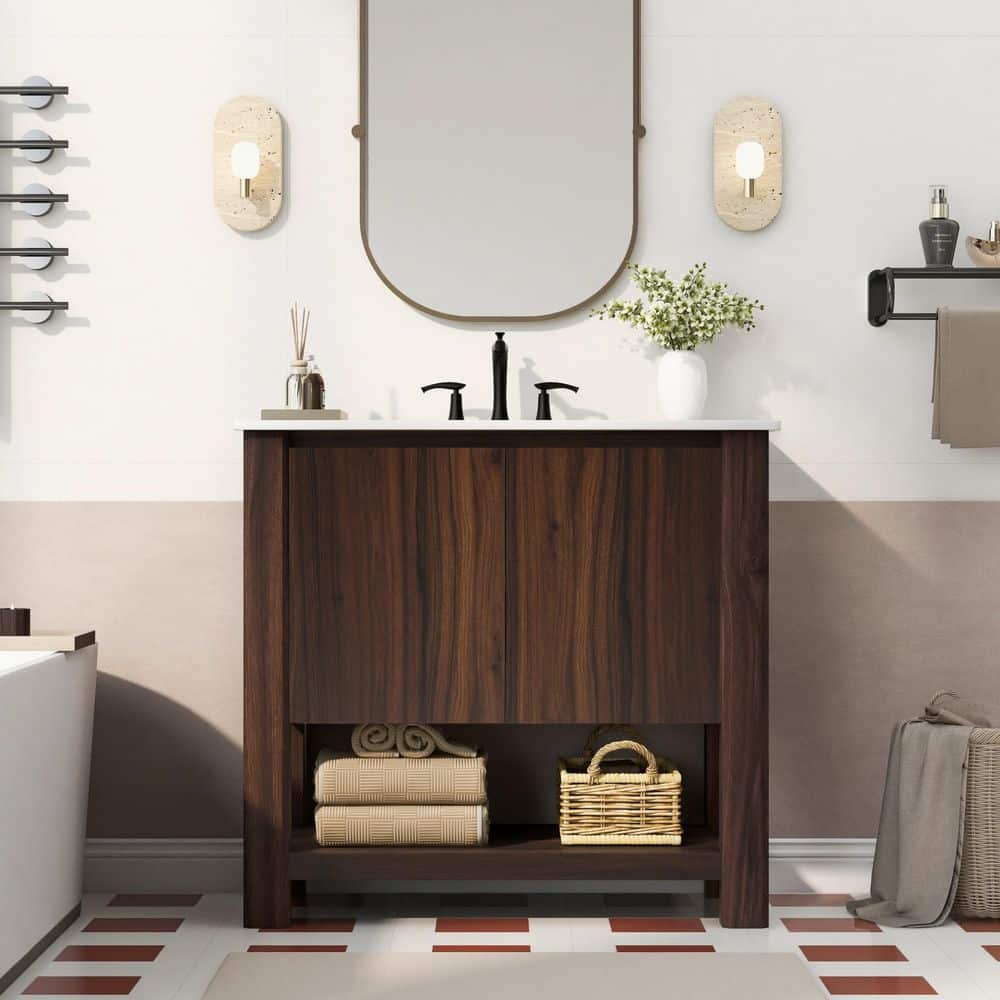 36 in. Single Sink Freestanding Dark Brown Bath Vanity with White Ceramic T