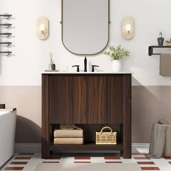 EPOWP 36 in. Single Sink Freestanding Dark Brown Bath Vanity with White Ceramic Top Open Shelf and Storage Cabinet Unassembled