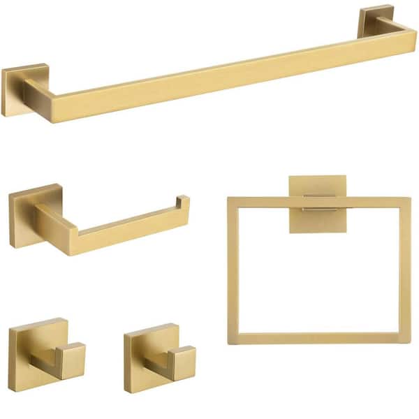 Unbranded 5-Piece Stainless Steel Wall Mounted Bath Hardware Set with Towel Bar Set in Brushed Gold