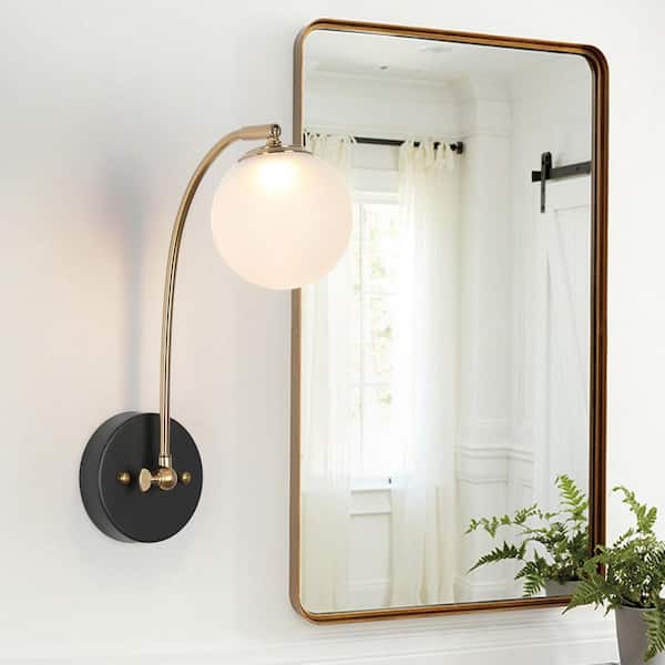 Modern Farmhouse 1-Light Brass gold Integrated LED Swing Arm Wall Sconce, Black Wall Lamp with Globe Frosted Glass Shade