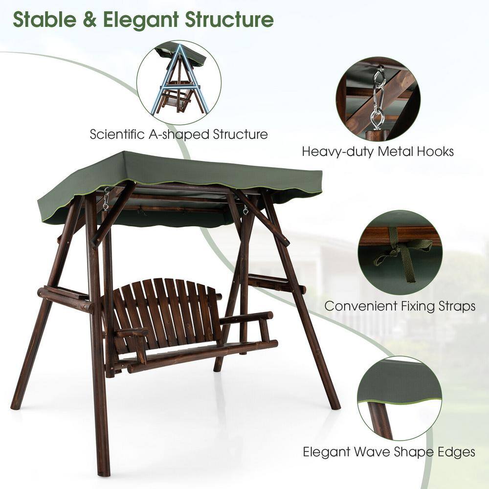 Natural Brown Fir Wood 2-Person Porch Swing with Adjustable Canopy