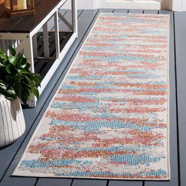 Cabana Aqua/Pink 2 ft. x 9 ft. Abstract Distressed Indoor/Outdoor Runner Rug