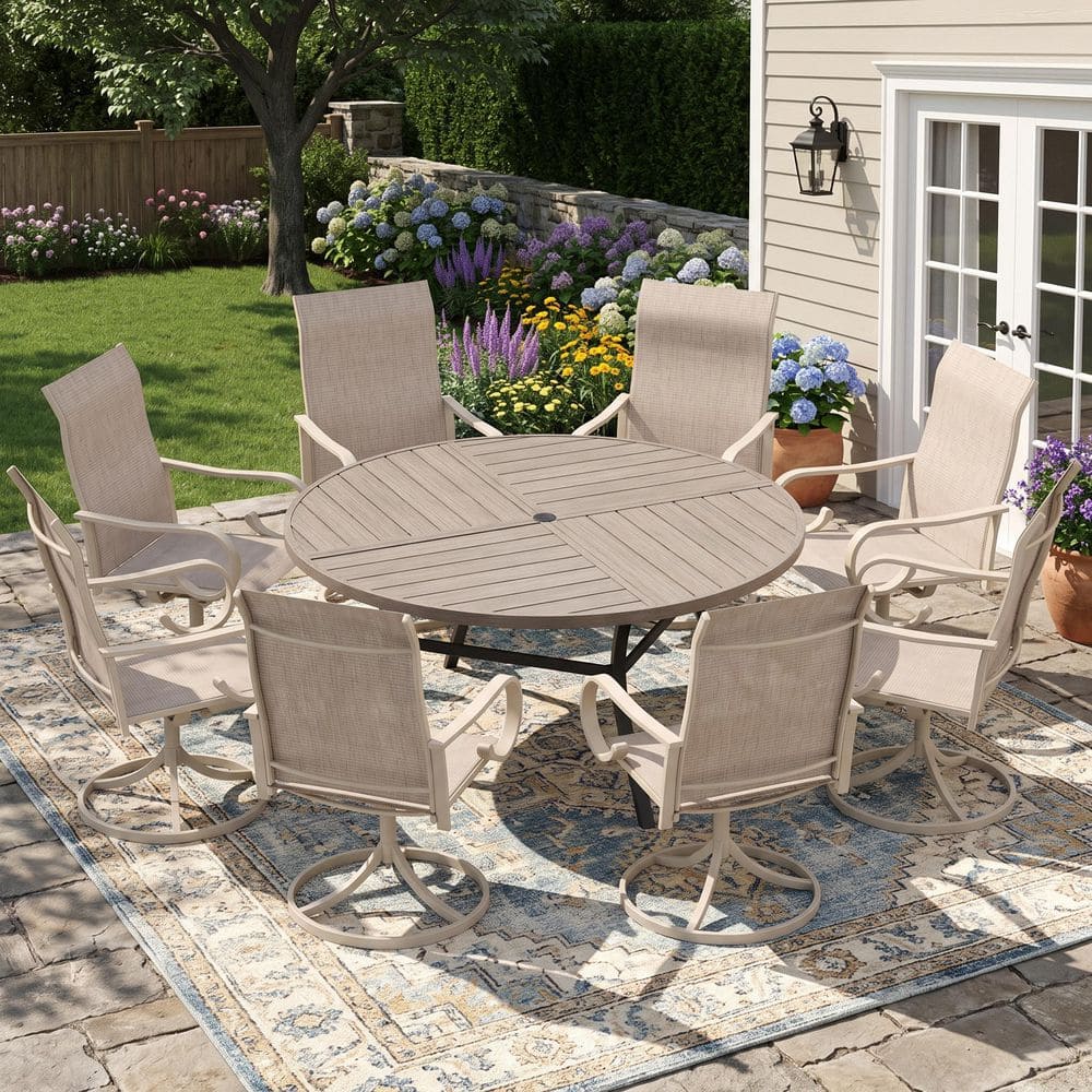 9-Piece Metal Outdoor Dining Set with 59.8 in. Gray Wood-Like Round Table and 8 Textilene Swivel Chairs in Sandshell price history on PriceWatchPro
