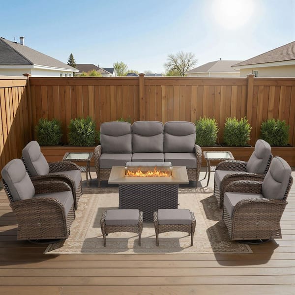 High Crescent 10-Piece Brown Wicker Patio Conversation Set with Gray Cushions and Wicker Fire Pit Table