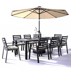 Chelsea Black 9-Piece Aluminum Rectangular Outdoor Dining Set with Beige Cushions