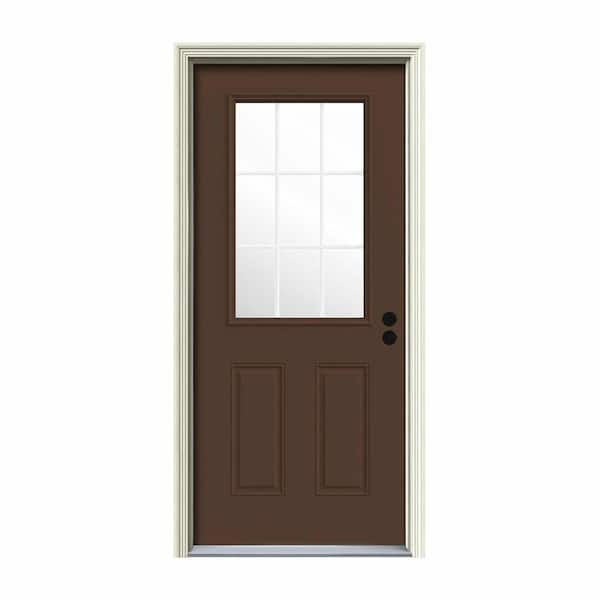 JELD-WEN 34 in. x 80 in. 9 Lite Dark Chocolate Painted Steel Prehung Left-Hand Inswing Entry Door w/Brickmould