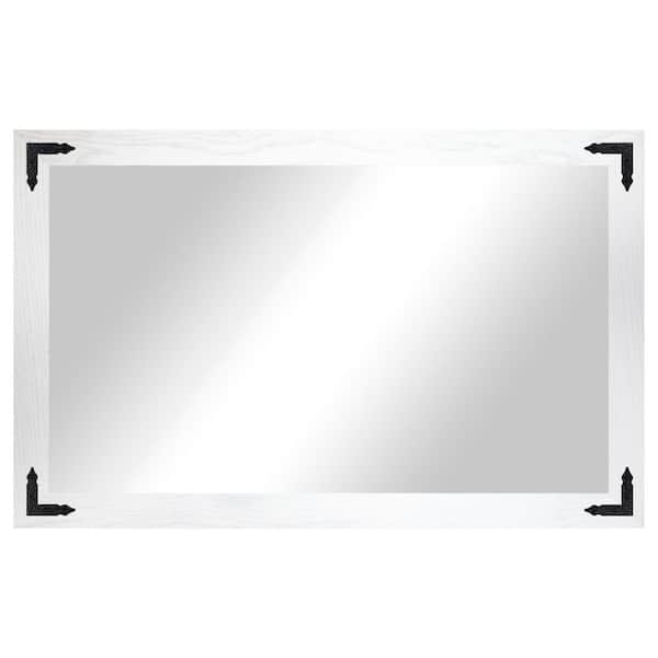 (33 in. W x 58 in. H) White Hardwood Rectangle Mirror with Decorative Corner Bracket