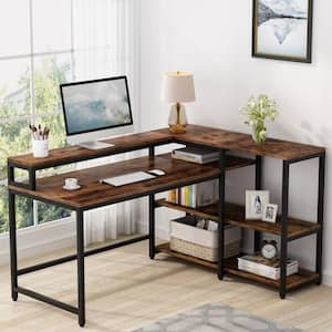 55 in. L-shaped Brown Reversible Computer Desk with Shelves and Monitor Stand