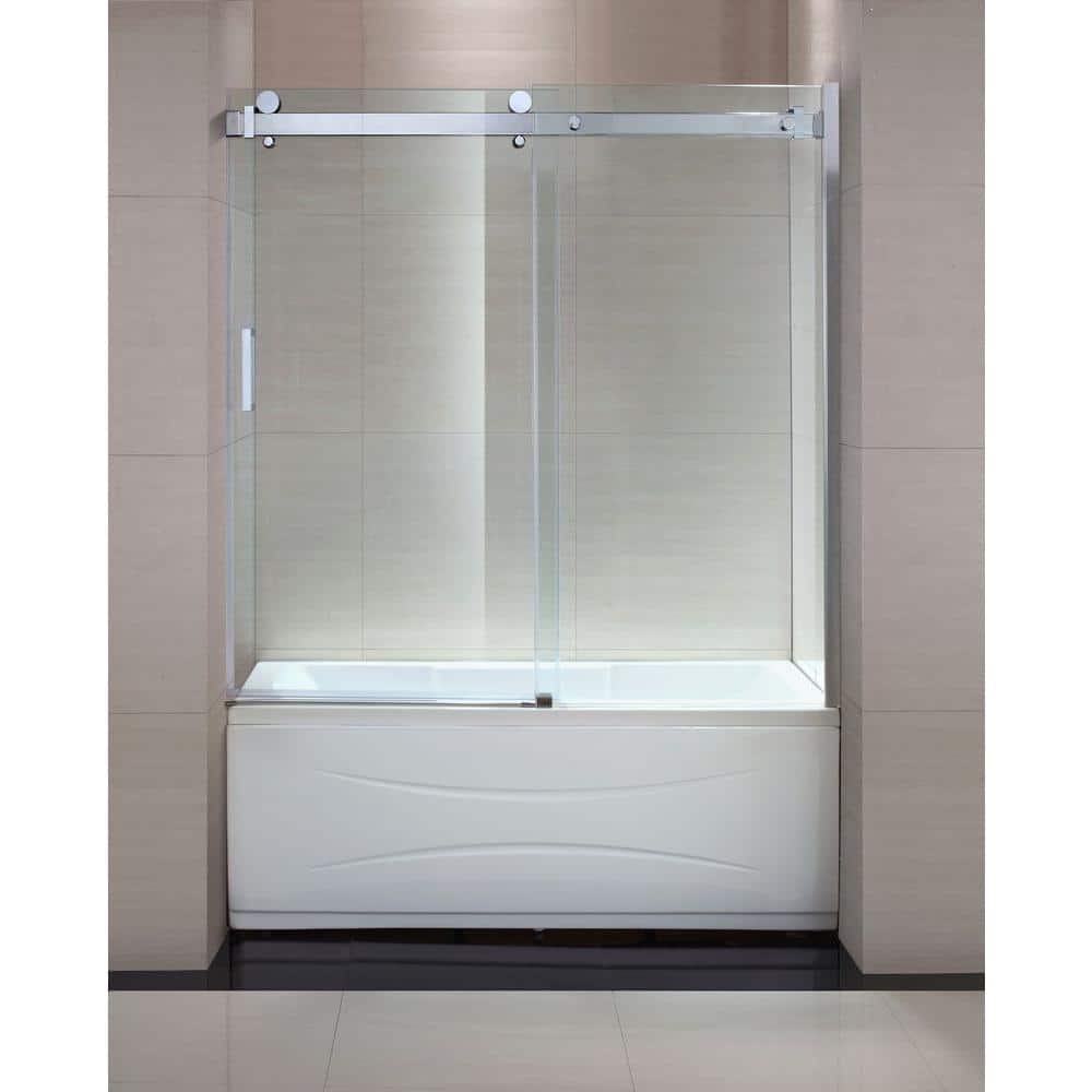 Schon Judy 60 In X 59 In Semi Framed Sliding Trackless Tub And Shower Door In Chrome With Clear Glass Sc70013 The Home Depot