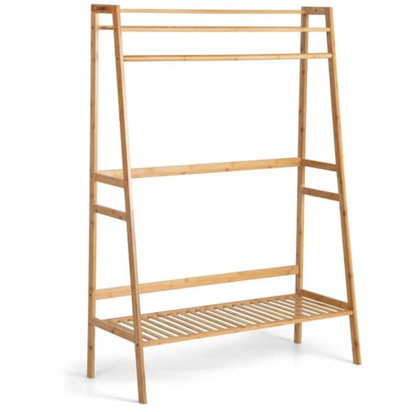 Unbranded Brown Bamboo Garment Clothes Rack with Shelves 44 in. W x 55 in. H