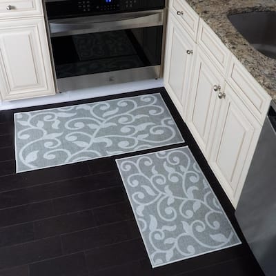 Floral Gray 44 in. x 24 in. and 31.5 in. x 20 in. Non Skid, Washable, Thin, Multipurpose Kitchen Rug Mat (Set of 2)