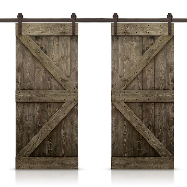 CALHOME K 64 in. x 84 in. Espresso Stained DIY Solid Knotty Pine Wood Interior Double Sliding Barn Door with Hardware Kit
