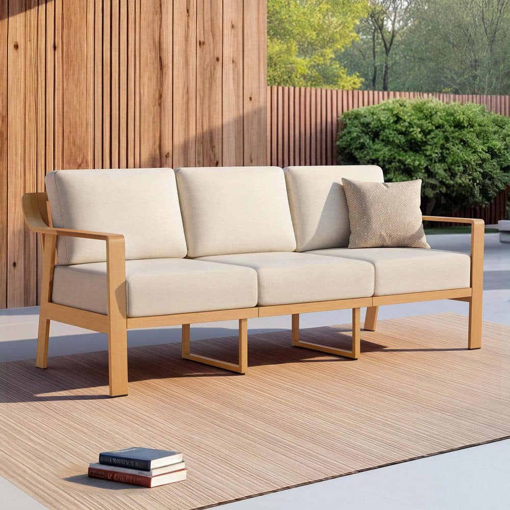 Dominic Beige Olefin Wood-grain Aluminum 3-Seat Outdoor Couch with 6.3 in. Cushion, Rust-resistant, Weatherproof price history on PriceWatchPro