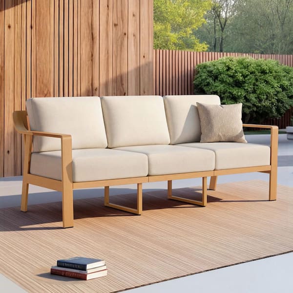Dominic Beige Olefin Wood-grain Aluminum 3-Seat Outdoor Couch with 6.3 in. Cushion, Rust-resistant, Weatherproof