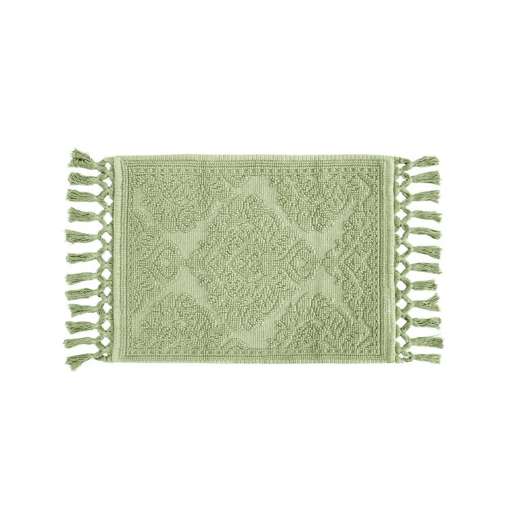 Sage Green Cotton Fringe Geometric Bath Rug 21 x 41 in