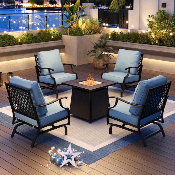 PHI VILLA 4 Seat 5-Piece Metal Steel Outdoor Patio Conversation Set with Blue Cushion, Rocking Chairs, Square Fire Pit Table