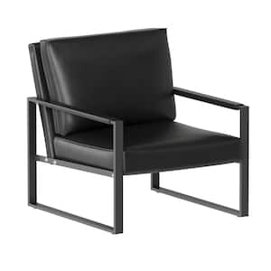 Black Mid-Century Style Faux Leather Upholstered Armchair with Steel Frame