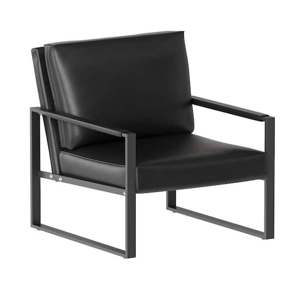 mieres 26 in. Mid-Century Black Upholstered Faux Leather Arm Chair with Steel Frame