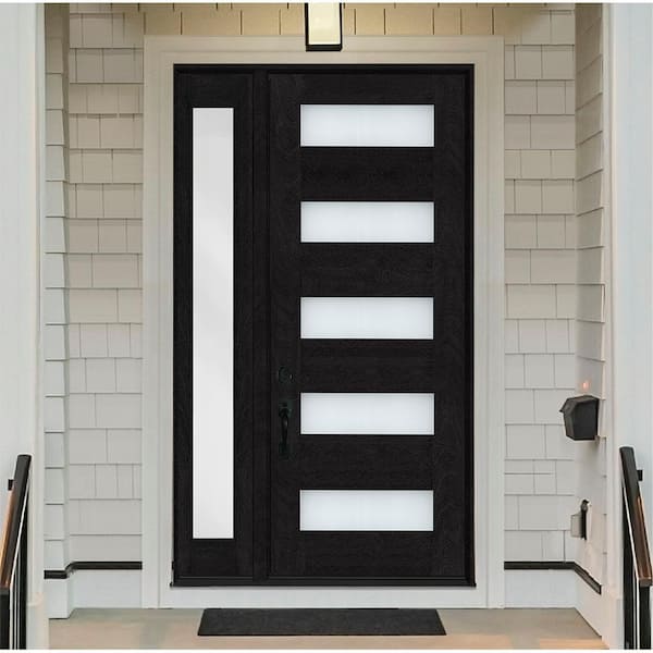Regency 51 in. x 96 in. 5L Modern Frosted Glass RH Onyx Stain Mahogany Fiberglass Prehung Front Door w/12in.SL