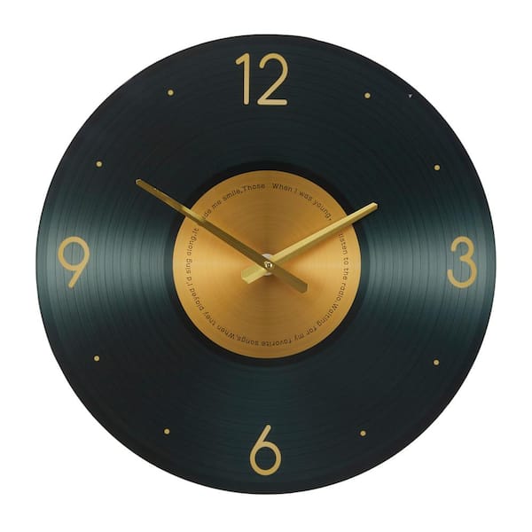 Novogratz 20 in. x 20 in. Black Glass Record Style Musical Notes Wall Clock