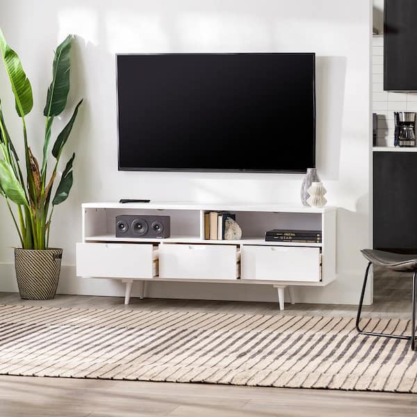 58 in. Boho Modern White Solid Wood 3 Drawer TV Stand (Max TV Size 65 in.)