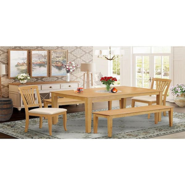 East West Furniture 5-Piece Rectangle Natural Oak Finish Solid Wood Top Dining Table with 2 Benches, 2 Chairs with Lattice Back