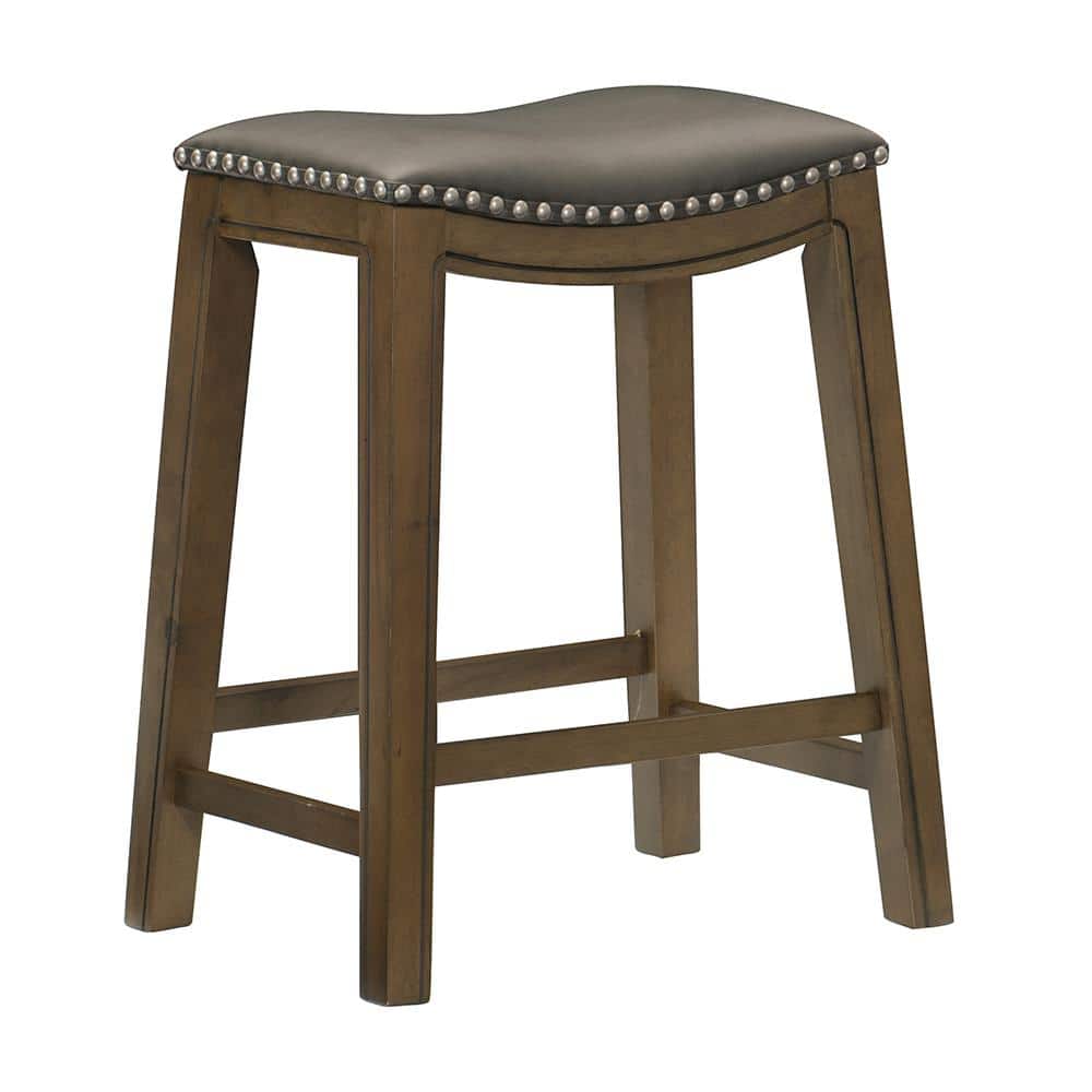 Gray Backless Saddle Style Wood and Leather Counter Stool