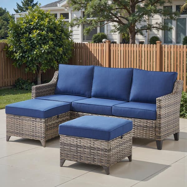Hort 3-Piece Brown Wicker Patio Couch Outdoor Sectional Sofa Set Furniture Set with Blue Cushions and Ottomans