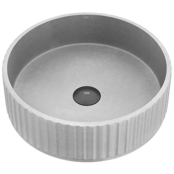 Windsor Modern Gray Concreto Stone 16 in. L x 16 in. W x 5 in. H Round Fluted Bathroom Vessel Sink