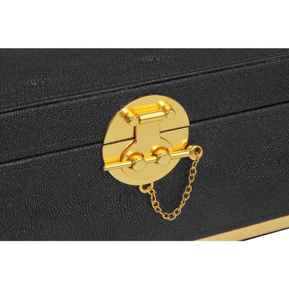 Elegant Black Faux Leather Rectangular Decorative Box with Gold Accents