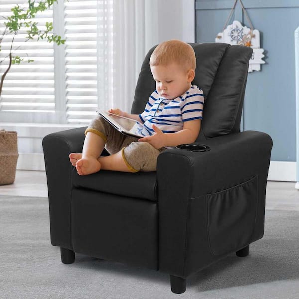 Chizzyseat Everglade 19.6 in. W PU Leather Kid Recliner with Cup Holder and Side Pocket in Black HZ 8045BL