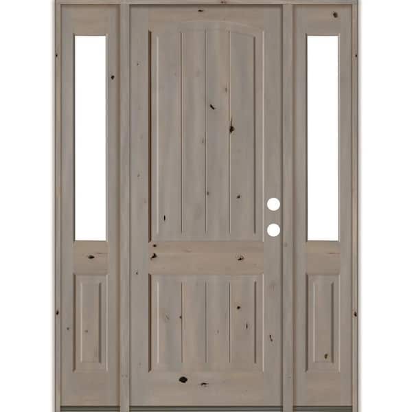 Krosswood Doors 64 in. x 96 in. Rustic knotty alder 2 Panel Left-Hand/Inswing Clear Glass Grey Stain Wood Prehung Front Door with DHSL